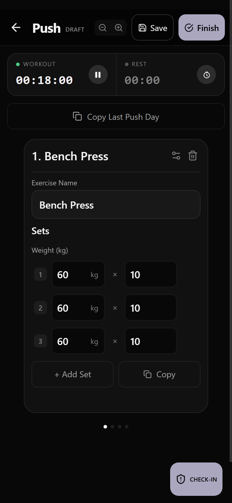 Notch workout log with Bench Press sets